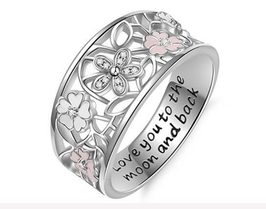2018 new fashion Creative Dripping oil crystal cherry blossom ring love you to the moon and back flower women's ring mix size US6 - US10