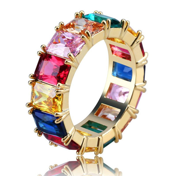Fashion Design Colorful Gems Rings Men Women Luxury Brand Gold Silver Hollow Ring Cubic Zirconia Bling Ice Out Rings Fine Jewelry Lover Gift