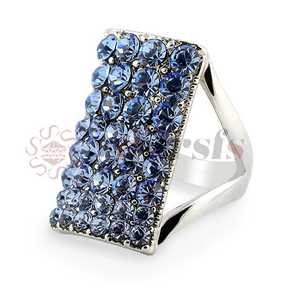 Yoursfs Four row Rhinestone crystal Sapphire ring 18K White Gold Plated Square Bridal Wedding Ring