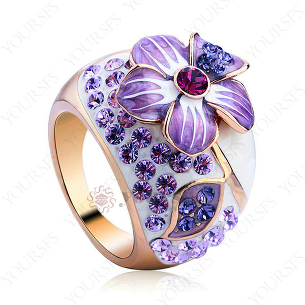 Yoursfs Big Purple Statement Rings Amethyst Crystal Cocktail Jewelry 18K Gold Glitzy Flower Rings For Women Valentines Gifts R179R2