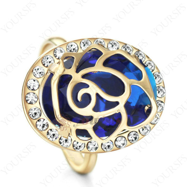 Yoursfs Rings Gorgeous 18 K Rose Gold Plated Open work Special Design Flower Pendant Rings Use Blue Austrian Crystal for Women Gift Jewelry