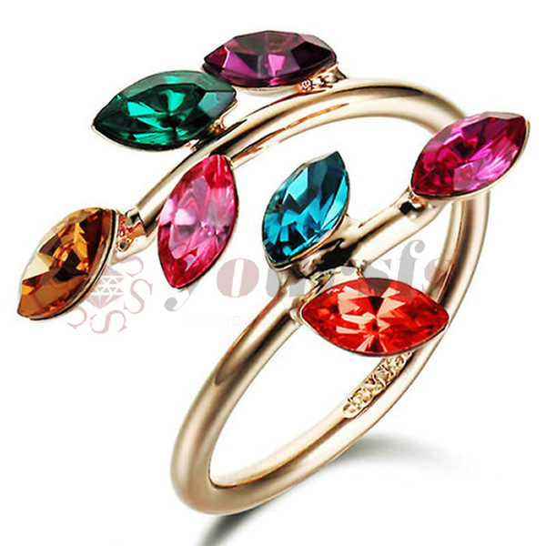 Yoursfs 18K Rose Gold Plated Unique Leaves Shaped Colorful Austrian Crystal Engagement Ring Adjustable