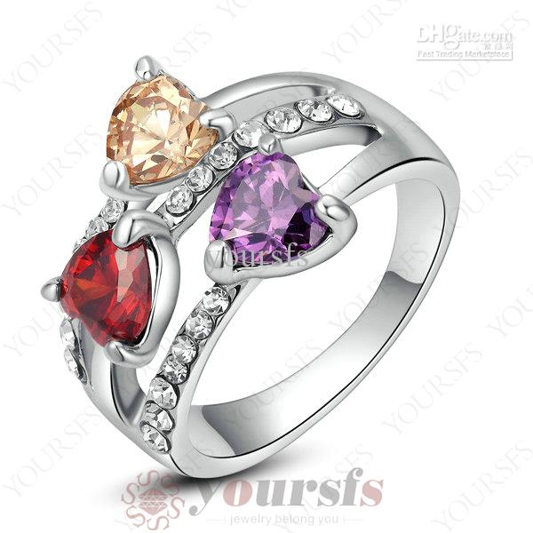 Yoursfs Womens Gorgeous Triple heart Sapphire Fashion Ring 18 K White Gold Plated Colorful Austria Crystal Party Ring Bands Luxury Jewelry