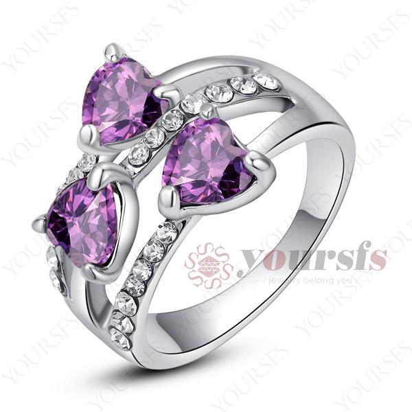 Yoursfs Best Lovers Gifts Triple heart Sapphire Fashion Rings 18 K White Gold Plated Purple Austria Crystal Rings for Women Fashion Jewelry