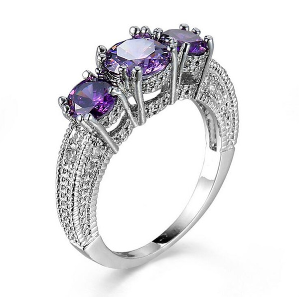 Vintage Jewelry 10KT White Gold Filled Three stone Multi-Gemstones CZ Diamond Amethyst Weddi ng Engagement Band Ring For Lover's Gift