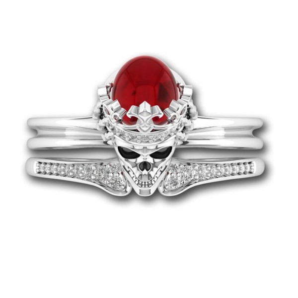 Victoria Wieck 2018 Top Selling Punk Jewelry 925 Sterling Silver Filled Red Garnet CZ Diamond Gemstones Women Wedding Skull Bridal Ring Set