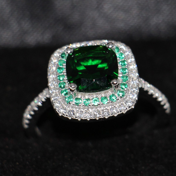 Size 5-10 Luxury Jewelry 100% pure 925 Sterling Silver Cushion Cut Handmade Emerald 5A White CZ Wedding Women Band Pave Ring for Lover Gift