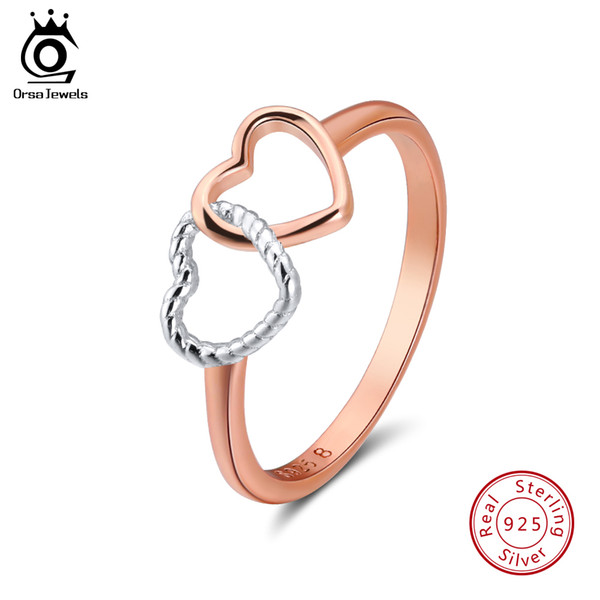 ORSA JEWELS 925 Sterling Silver Fashion Rings for Women 2018 Double Heart Unique Design Trendy Rose Gold Color Ring Fashion Jewelry SR65