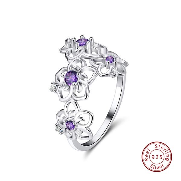 ORSA JEWELS 100% Real Sterling Silver Women Flower Rings AAA Zircon Silver Blue Purple Clear Red Shiny Zircon Female Party Ring SR91