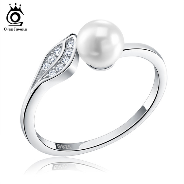 ORSA JEWELS Silver 925 Leaf CZ Rings Reliable with Big Simulated Pearl Sterling Silver Jewelry for Women SR16