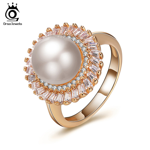 ORSA JEWELS Luxury Rings For Women AAA Cubic Zircon Simple Round Shape Imitation Pearl Jewelry Ring Anniversary Gift OMR16