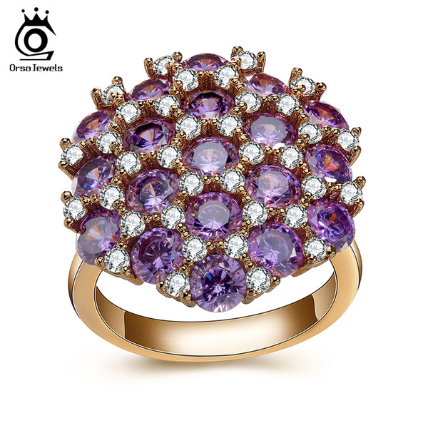 ORSA JEWELS Women Rings With AAA Purple Cubic Zircon Prong Setting Big Gold- color Fashion Party Female Jewelry OMR08