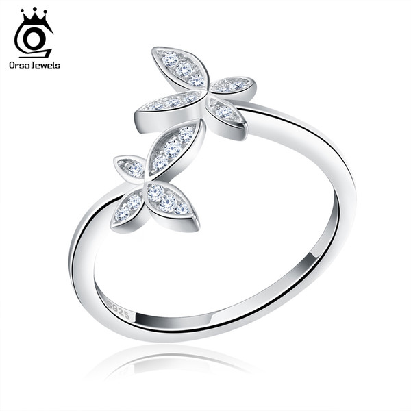 ORsa Solid 925 Sterling Silver Ring Rhodium Plated Butterfly Resizable With Zirconia Rings Fashion Jewelry SR10