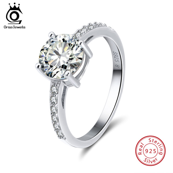 ORSA JEWELS 925 Sterling Silver Classic Engagement wedding Women Rings AAA Shiny Cubic Zircon Prong Setting Party Fashion Finger Ring SR56