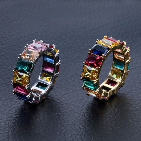 Colorful Square Zircon Rings Men & Women Hip Hop Copper Wide Ring With Side Stone Geometric Glossy Gold Plated Jewelry Accessories Wholesale