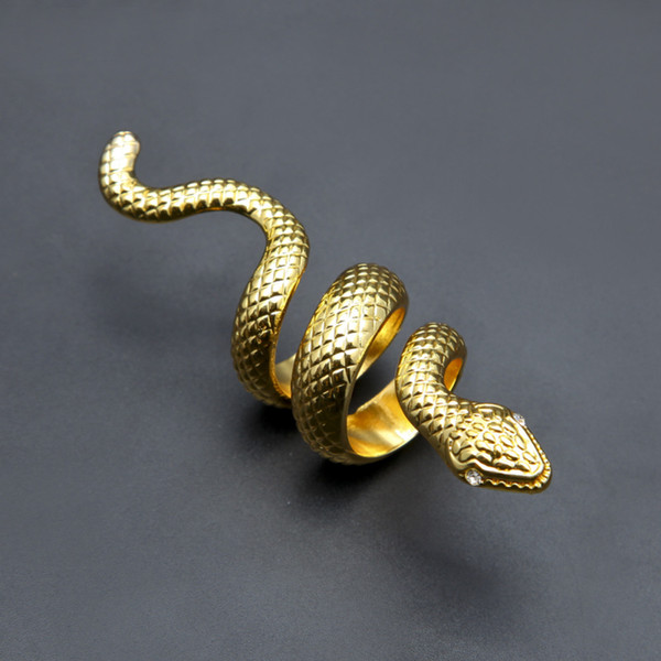 Hip Hop Coiled Snake Shape Ring Geometric Maxi Pattern Alloy Gold Plated Rhinestone Ring For Man Women Fashion Jewelry Accessories Wholesale