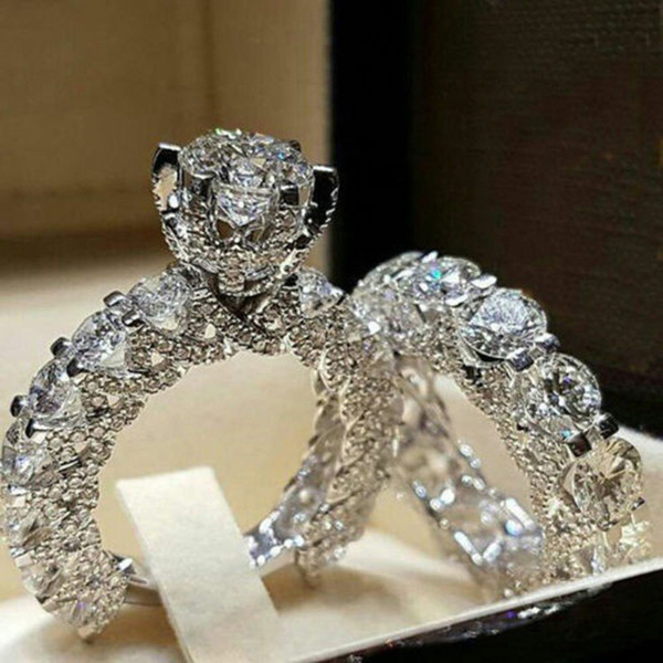 Full Crystal Charm Silver Ring Women's Jewelry Crystal Wedding Jewelry Engagement Head Panel Couple Ring drop shipping