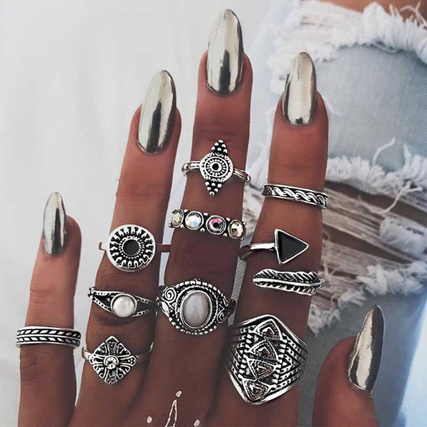 10pcs/set Antique National Ring Set Crystal Ring Flower Triangle Conbination Knuckle Rings Jewelry Set Women Fashion Jewelry Drop Ship