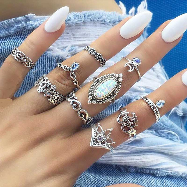 Bling Opal Vintage Rings for Women Boho Geometric Flower Crystal Knuckle Ring Set Bohemian moon Finger designer Jewelry drop shipping