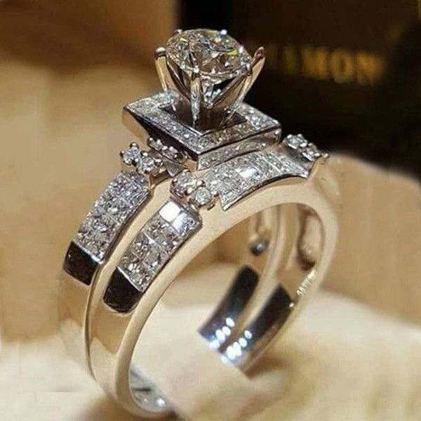 Female Crystal White Round designer Ring Set Brand Luxury Promise Silver Engagement Ring Vintage Bridal Wedding Rings for Women drop ship