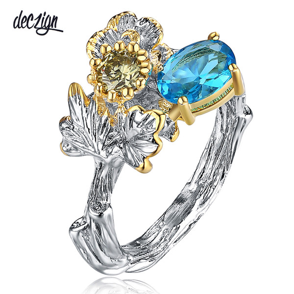 Deczign Beautiful Vintage 2 tone ring with blue/Olivine cubic zirconia crystal jewelry statement female leaf flower rings WA11473