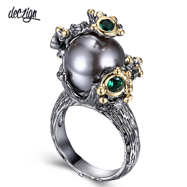 Deczign 2019 New Arrival Pearl Ring with Green Zirconia Flowers Gorgeous Vintage Design Gun Plus Gold Color Body WA11545