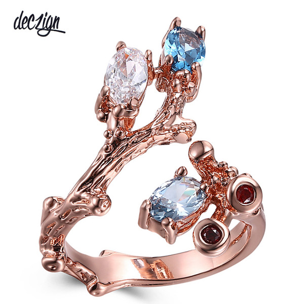 Deczign Vintage Rose Gold Color Ring Open Ends Design Flower Plant Look Blue and Clear Zircon Fashion Jewelry WA11546