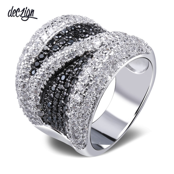 Deczign 2019 Wide Black and White Cubic Zirconia Finger Ring Trendy Wholesale Jewelry Gorgeous Copper metal Fashion Large Rings SJ09882