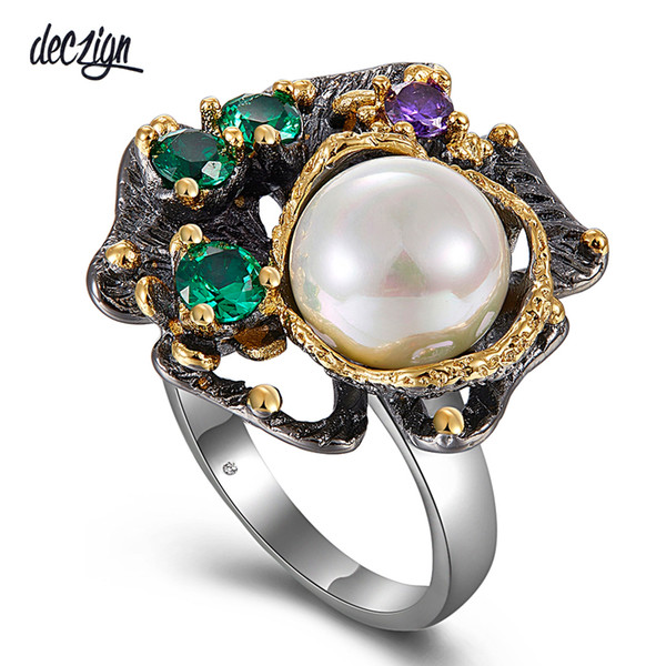 Deczign New Arrivals Vintage Rings for Women Flower Style with Green Zircon White Pearl Hot Pick Chic Jewelry WA11637