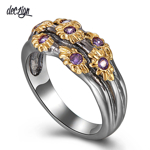 Deczign Neo-Gothic Rings for Women Wedding Band Golden Flowers with Purple Zircon Fashion Jewlery Wholesale WA11638