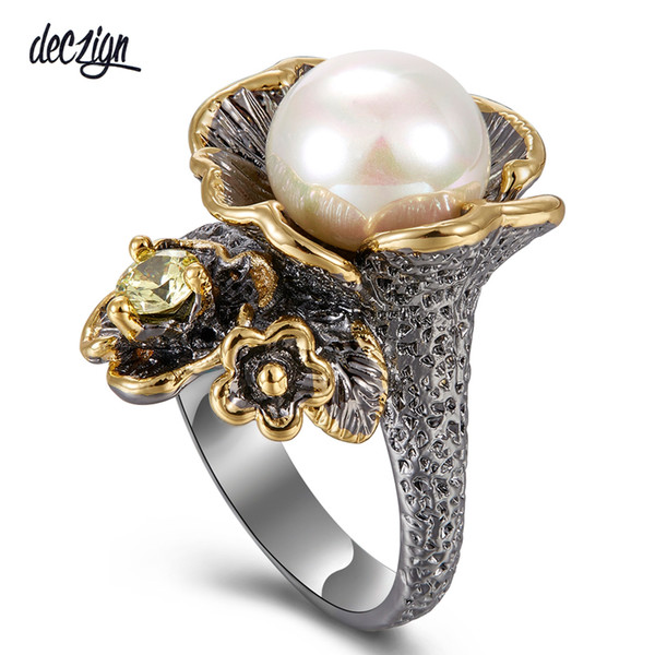 Deczign 2019 New Arrived Vintage Ring for Women Flower Style with Olivine Zircon White Pearl Hot Pick Chic Jewelry WA11639