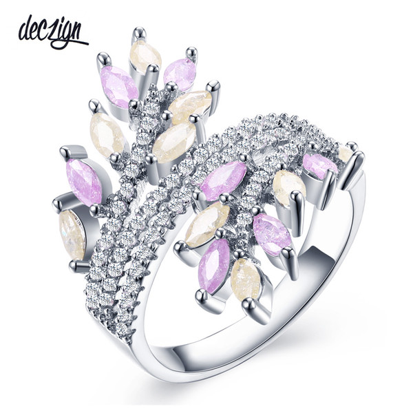 Deczign New Mixed Pastel Colors Zirconia Rings for Women Elegant Wedding Jewelry Pink Beige Leaves Fashion Design SJ30058