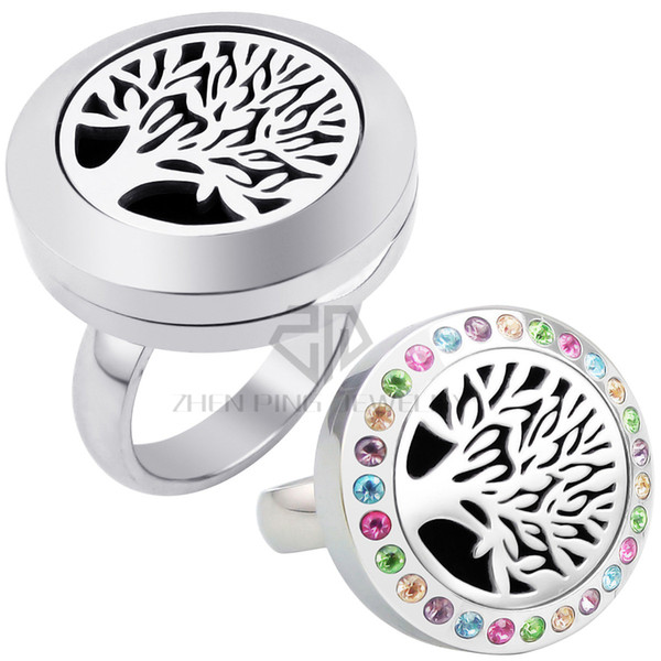 20mm Tree of Life Diffuser Locket Ring with Crystals Dropship Essential Oils Stainless Steel Aromatherapy Diffuser Lockets Ring