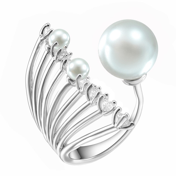 KIVN Fashion Jewelry dazzling CZ Cubic Zirconia Open Adjustable Simulated Pearl Rings for Women Birthday Christmas Gifts