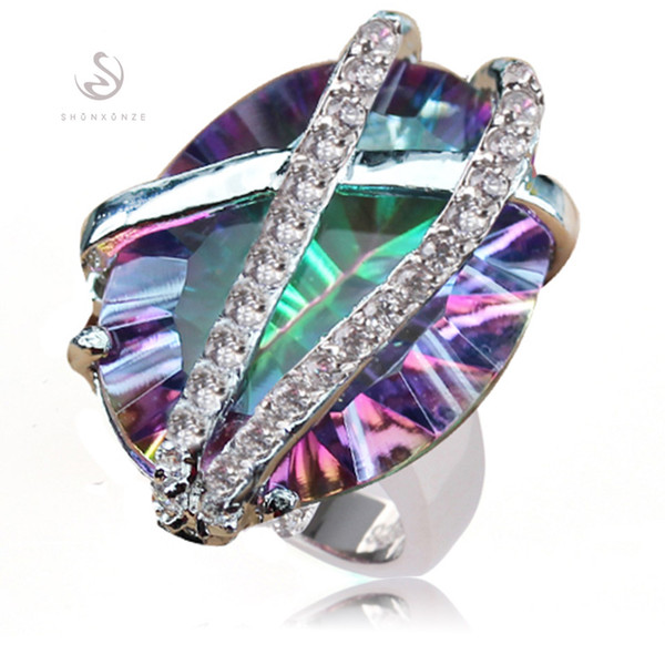 Punk R3312 sz#6 7 8 9 Rainbow Mystic stone and White Cubic Zirconia Classic Fashion jewelry Silver Plated RING