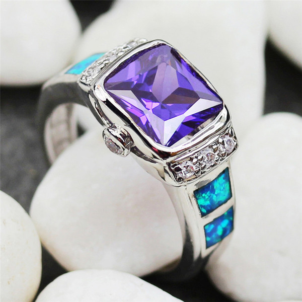 Promotion R347 sz#6 cute royal purple Cubic Zirconia and Blue opal Silver Plated Time limited discount Punk Bohemia ring