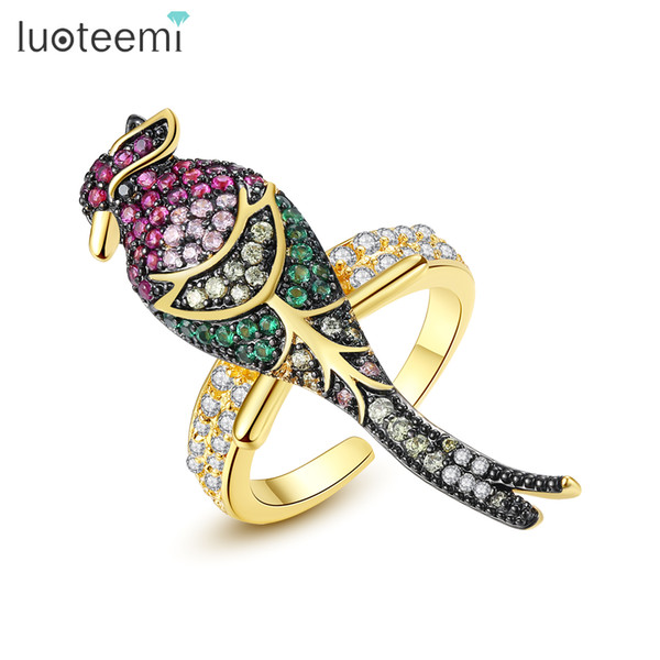 LUOTEEMI New Trendy Gold Color Multi-color Cubic Zirconia Paved Vivid Parrot Bird Animal Rings For Women Bijoux Jewellery Party Gifts