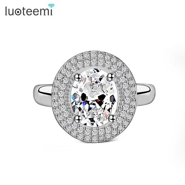 White-Gold Color Big Oval Eggs Halo Engagement Ring Hearts and Arrows Cut Cubic Zirconia Stone Jewelry for Women LUOTEEMI