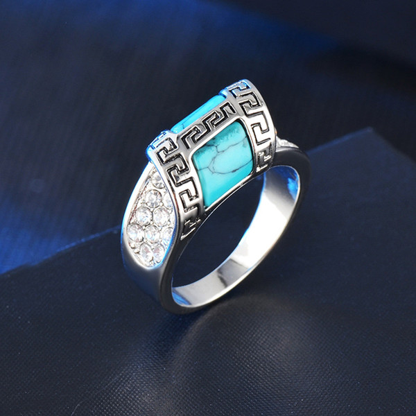 European and American fashion boutique hot ring wholesale silver plated inlaid turquoise ring hand jewelry retro ring