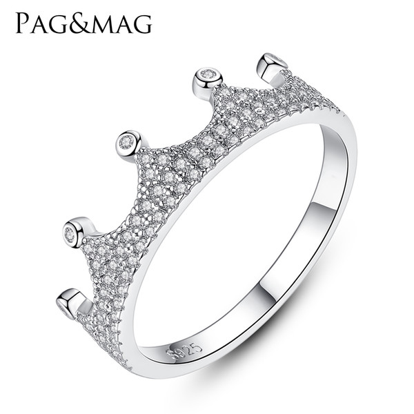 PAG&MAG Real pure 925 Silver Crown Shape Women Fine Ring Mounting Clear Bling Bling CZ Crystal For Fashion Party or Gift