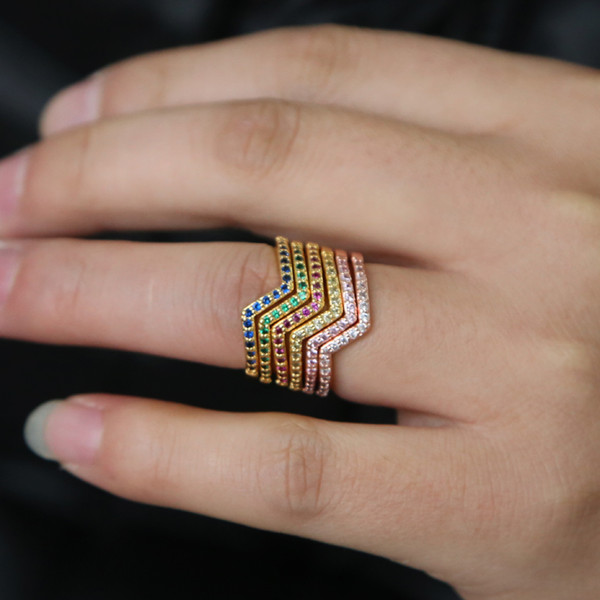 fashion women thin gold stack finger rings with colorful cz paved rainbow wedding finger ring set in gold rose gold color