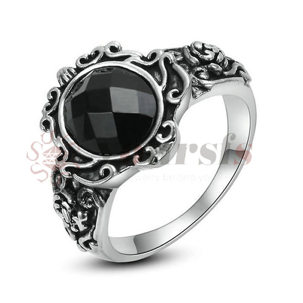 Yoursfs Vintage Silver Color Cocktail Size Rings for Woman Rhinestone Paved Black Crystal Twisted Retro Rings Fashion Jewelry