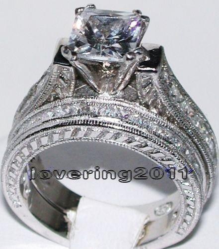 Size 5/6/7/8/9/10 Antique jewelry Nice princess Cut Topaz 14KT White Gold Filled GF Diamonique Wedding Ring Set for love gift