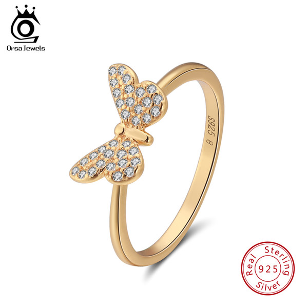 ORSA JEWELS 925 Sterling Silver Female Wedding Bands Jewels Trendy Ring AAA Cubic Zircon Gold Color Elegant Ladies Butterfly Shape Ring SR59