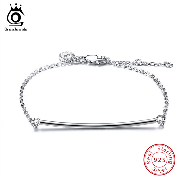 ORSA JEWELS Women Real 925 Sterling Silver Bracelets Long Bar Lobster-claw-clasps Elegant Bracelet Fashion Jewelry Gift SB27