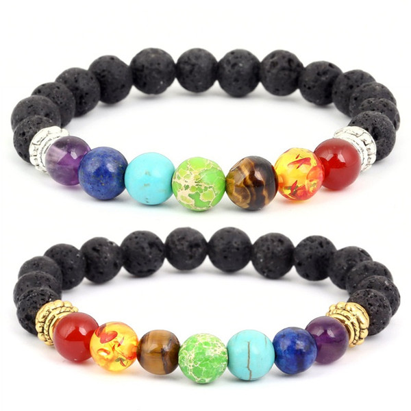 8mm Seven Chakras & Black Lava Stone Bracelets Aromatherapy Essential Oil Diffuser Bracelet Bangle Energy Prayer Yoga Jewelry