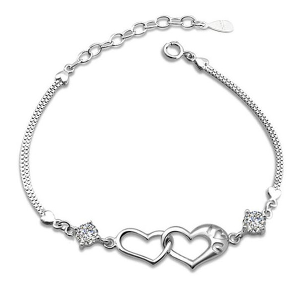 best gift for the sale of 925 silver bracelets, the love of the new fashion 925 standard pure silver double heart Gemstone Bracelet