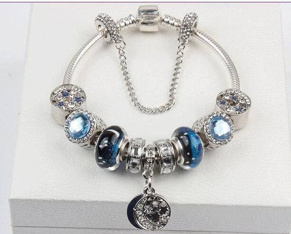 Blue Starry Sky Glass Moon Star Crystal Beads Charms Rhinestone Beaded Bracelets European Style Fashion Bangle Girl Christmas Jewelry Gift