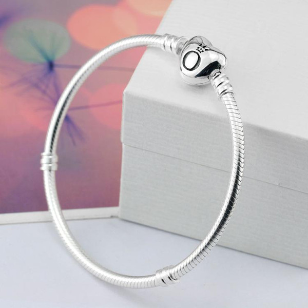 2018 brand Original 925 Silver heart clasp Beads 3mm Snake Chain Bracelets Fit European Pandora heart Charms Bracelet DIY Fashion Jewelry