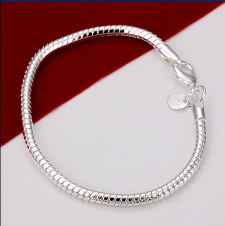 3MM 8 inches long 925 Silver Snake Charm Chain Bracelet FREE SHIPPING 10pcs / lot